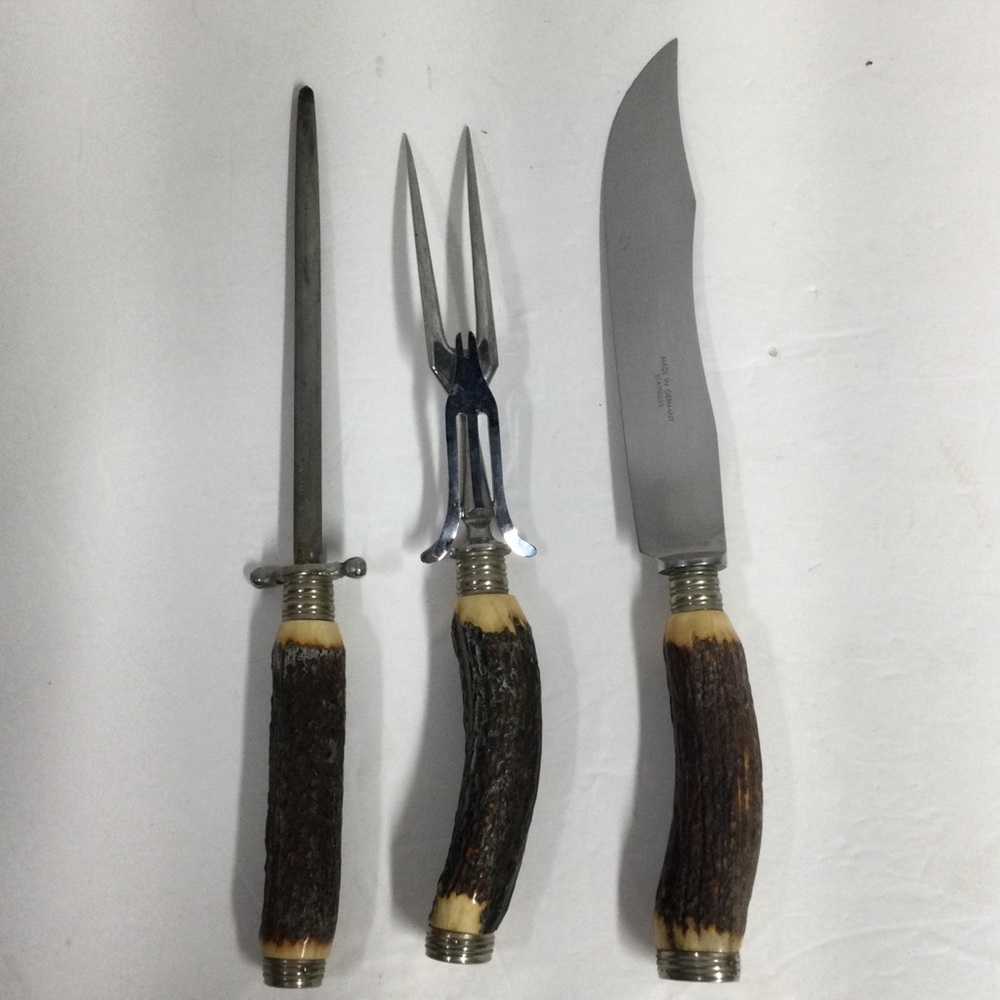 Solingen Antler Handle Carving Set - Knife, Fork & Steel Vintage Germany